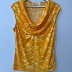 Michael Kors Jersey Stretch Knit Yellow Tie Die Cowl Neck Blouse. Sz medium